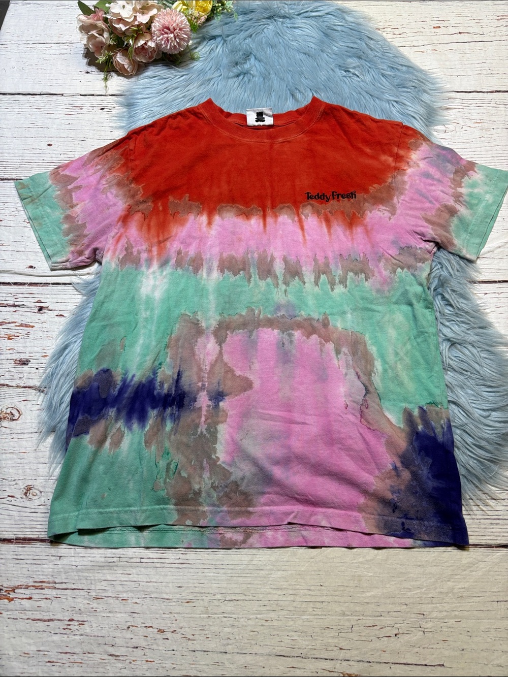 Teddy Fresh Tie-Dye Short Sleeve Tee - Red, Pink, Mint & Navy Sz M